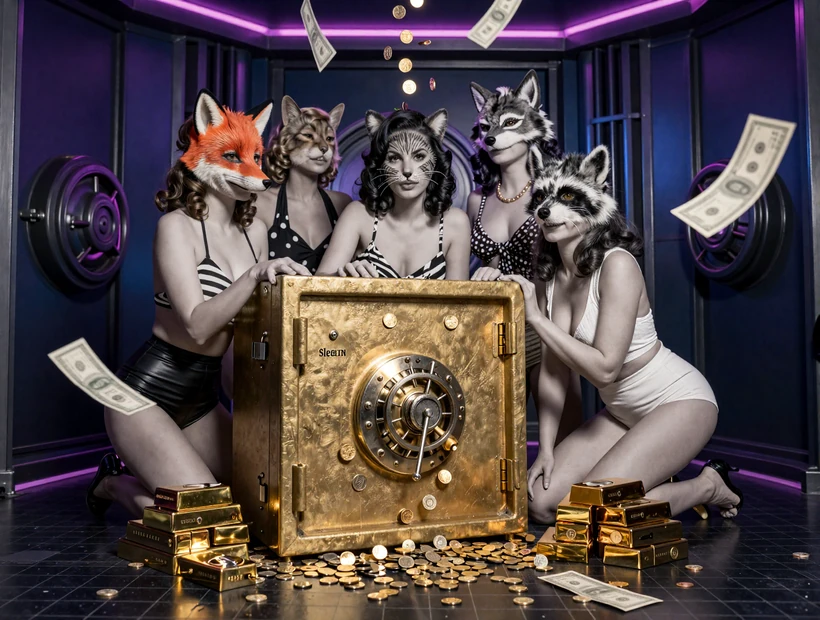 Frauen in Vintage-Badeanz&uuml;gen mit Tiermasken &ouml;ffnen einen goldenen Safe im Vavada Casino Noir-Stil