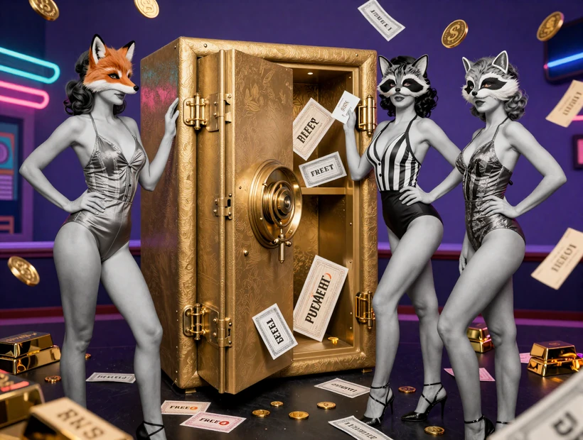 Frauen in Vintage-Badeanz&uuml;gen mit Tiermasken knacken einen goldenen Safe f&uuml;r Vavada Bonus und Freispiele