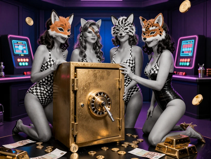 Frauen in Vintage-Badeanz&uuml;gen mit Tiermasken &ouml;ffnen einen goldenen Safe f&uuml;r Vavada Auszahlung und Krypto