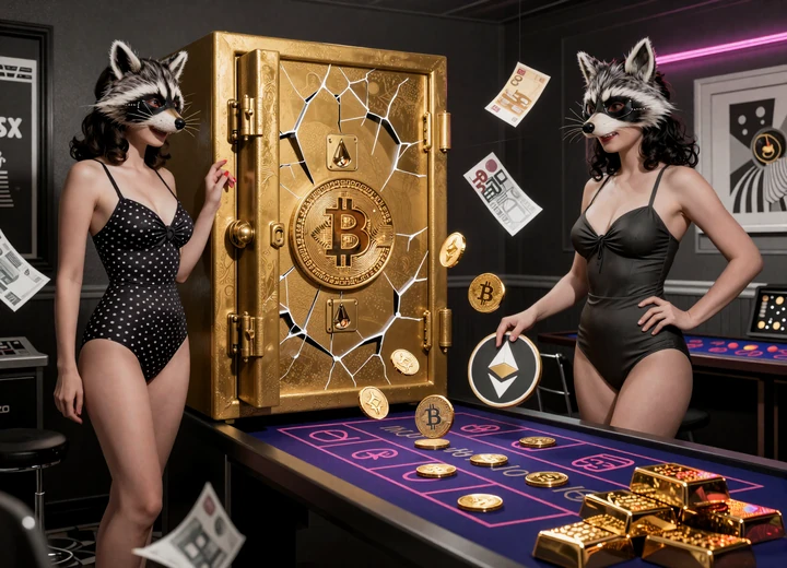 Frauen in Retro-Badeanz&uuml;gen mit Tiermasken neben Bitcoin und Tresor als Vavada Krypto-Zahlungsbild
