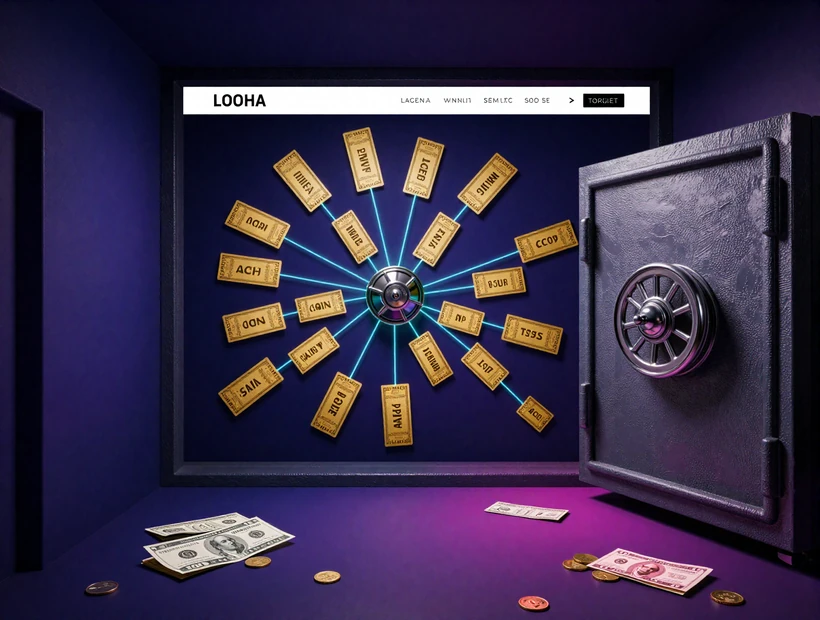 Goldene Website-Karte in einem dunklen Tresorraum als Visual zur Vavada Casino Sitemap