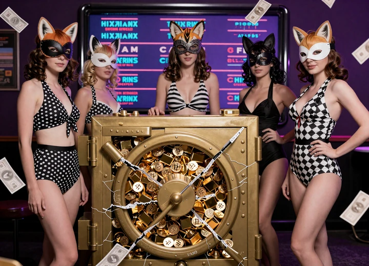 Frauen in Retro-Badeanz&uuml;gen mit Tiermasken neben Krypto-M&uuml;nzen und Tresor als Vavada Zahlungsbild